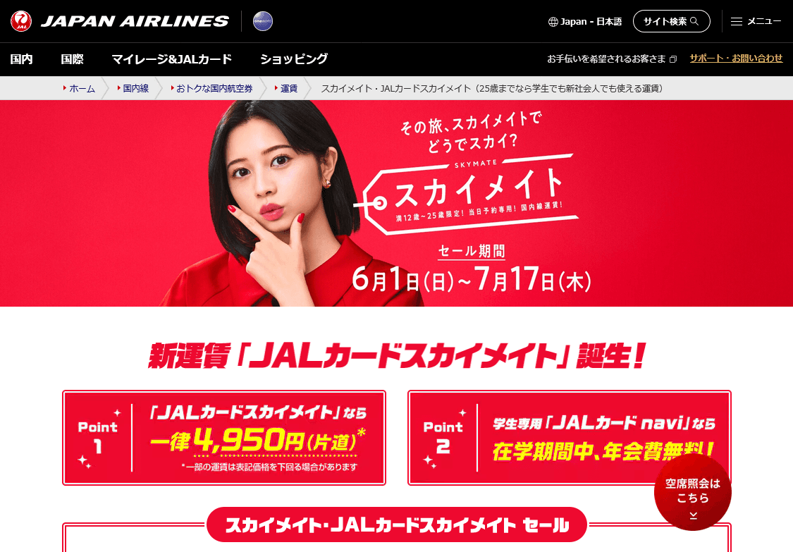 スカイメイトのサイトのファーストビュー